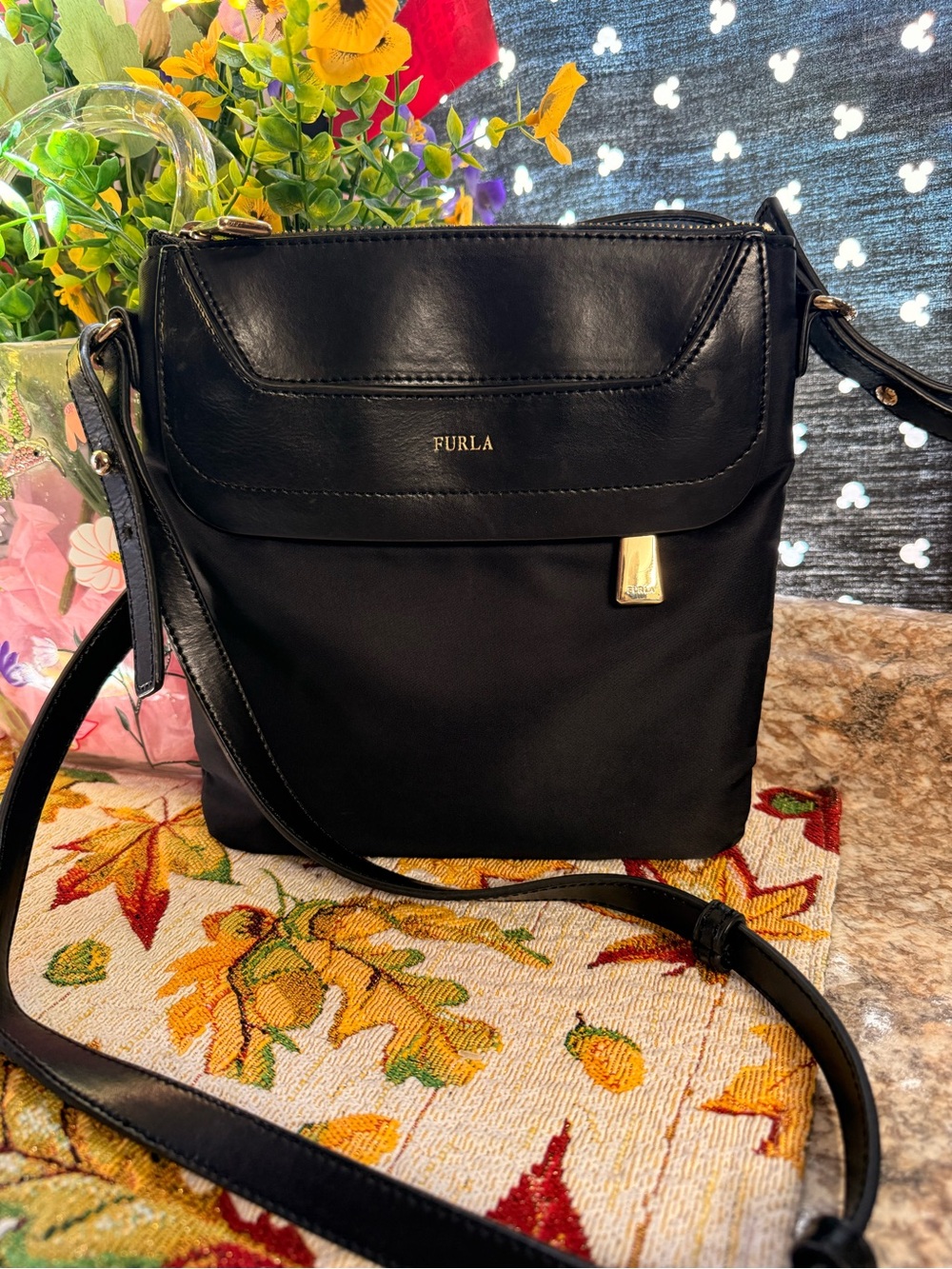Furla Black Crossbody Bag with Gold Accent